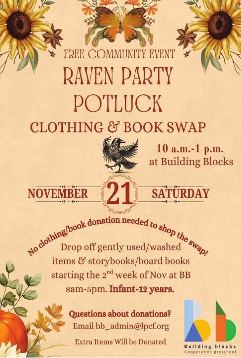 Raven Party Potluck, Clothing and Book Swap