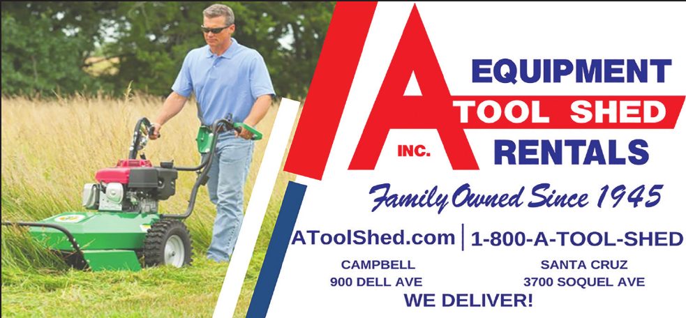 A Tool Shed Inc. Equipment Rentals, family owned since 1945. A man mowing tall grass with a walk-behind brush mower. Campbell, 900 Dell Ave; Santa Cruz, 3700 Soquel Ave. We deliver!