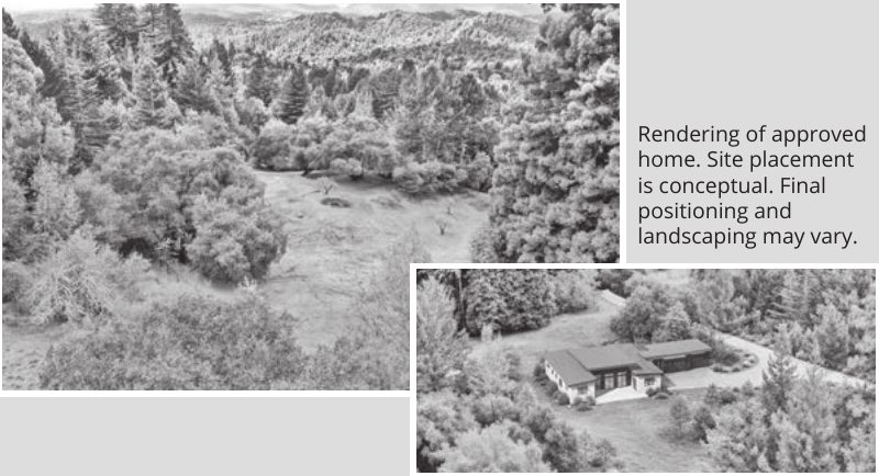 Wooded 2.5-acre lot at 70 Ocean View Road with a rendering of the approved home. Site placement is conceptual; final positioning and landscaping may vary.
