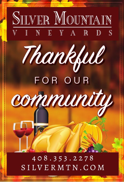 Silver Mountain Vineyards: Thankful for our community. Autumn leaves, a bottle and glasses of red wine, a roast turkey, and a pumpkin. 408.353.2278, silvermtn.com