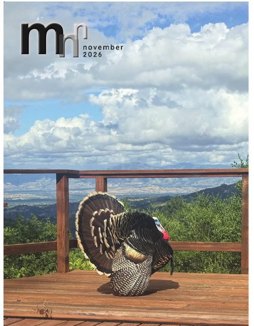 November 2026 cover: a wild tom turkey on a deck overlooking the mountains