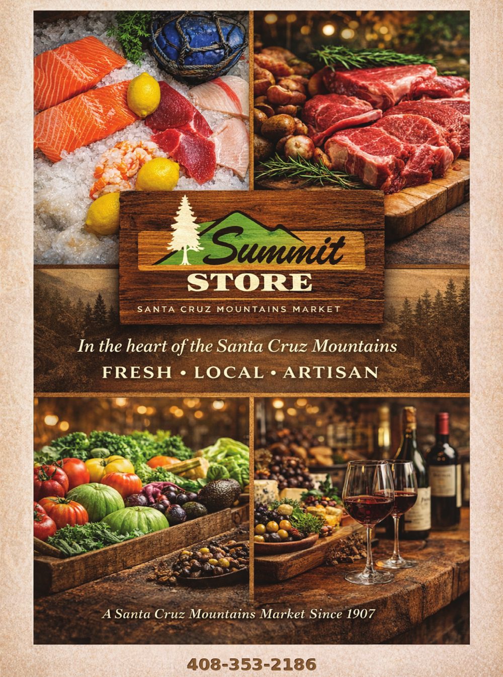 Summit Store, Santa Cruz Mountains Market: In the heart of the Santa Cruz Mountains. Fresh, local, artisan. Photos of fresh fish, steaks, produce, and wine. A Santa Cruz Mountains Market since 1907.