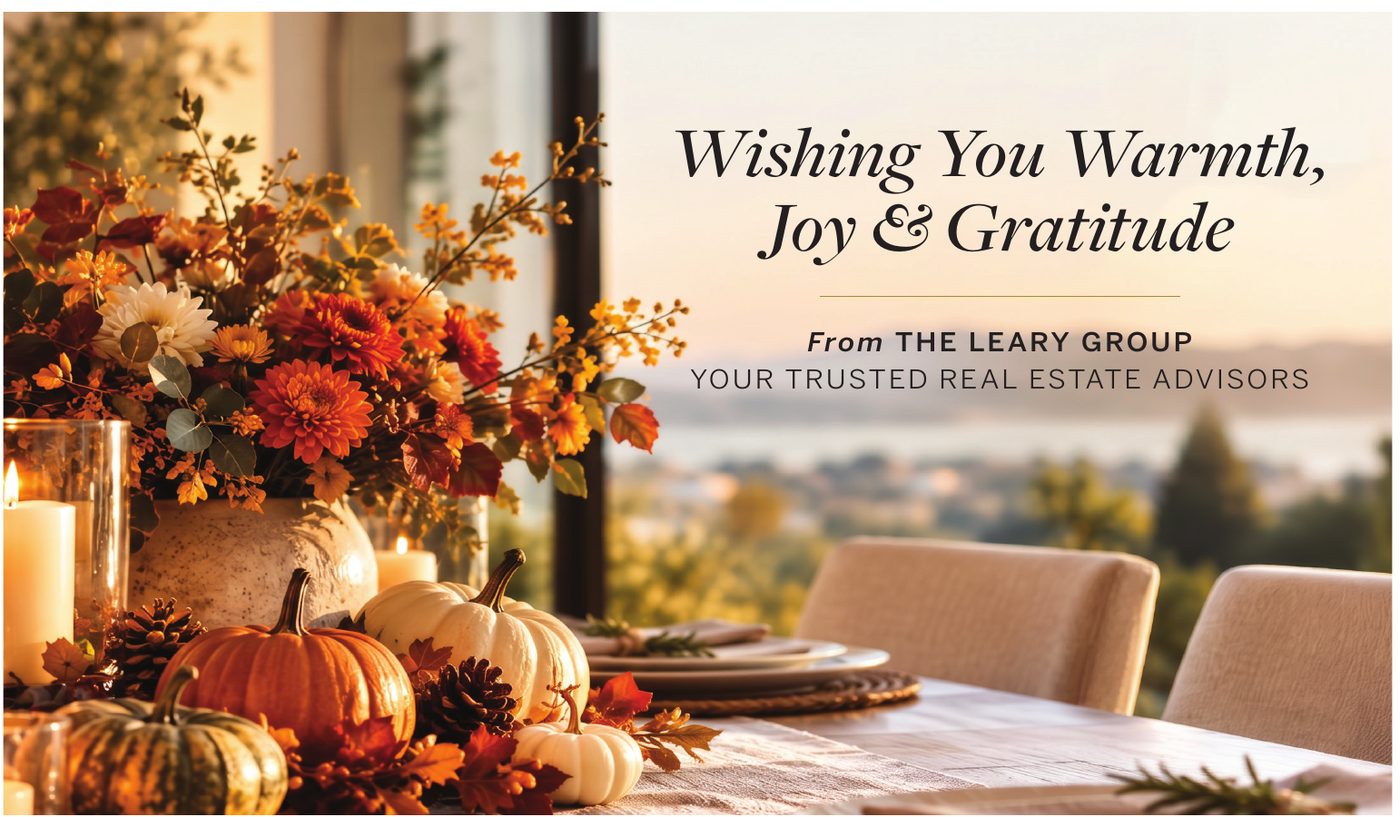 Autumn table with pumpkins and flowers. Wishing You Warmth, Joy & Gratitude, from The Leary Group, your trusted real estate advisors