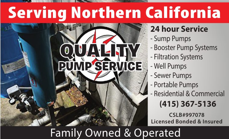 Quality Pump Service, serving Northern California. 24 hour service: sump pumps, booster pump systems, filtration systems, well pumps, sewer pumps, portable pumps, residential and commercial. CSLB #997078, licensed, bonded and insured. Family owned and operated.