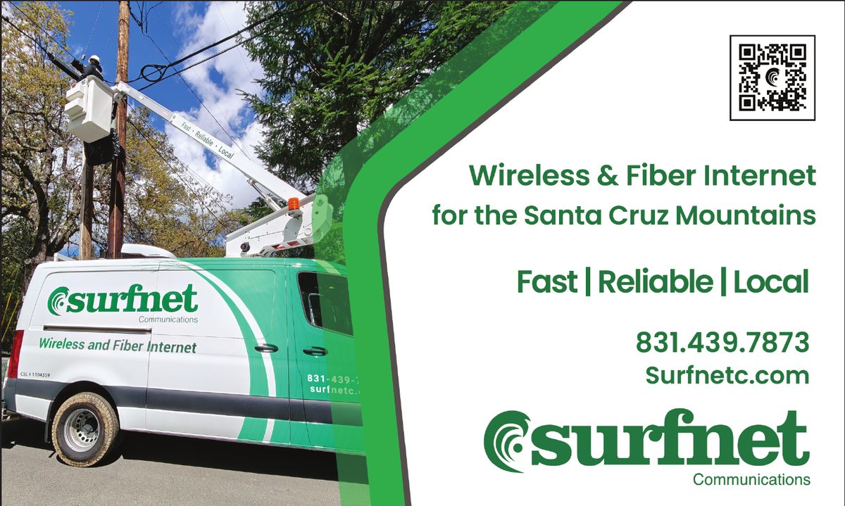 Surfnet Communications: Wireless & Fiber Internet for the Santa Cruz Mountains. Fast, Reliable, Local. A Surfnet van and a technician in a bucket truck.